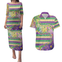 Mardi Gras Fleur De Lis Couples Matching Puletasi and Hawaiian Shirt With Beads Glitter Pattern