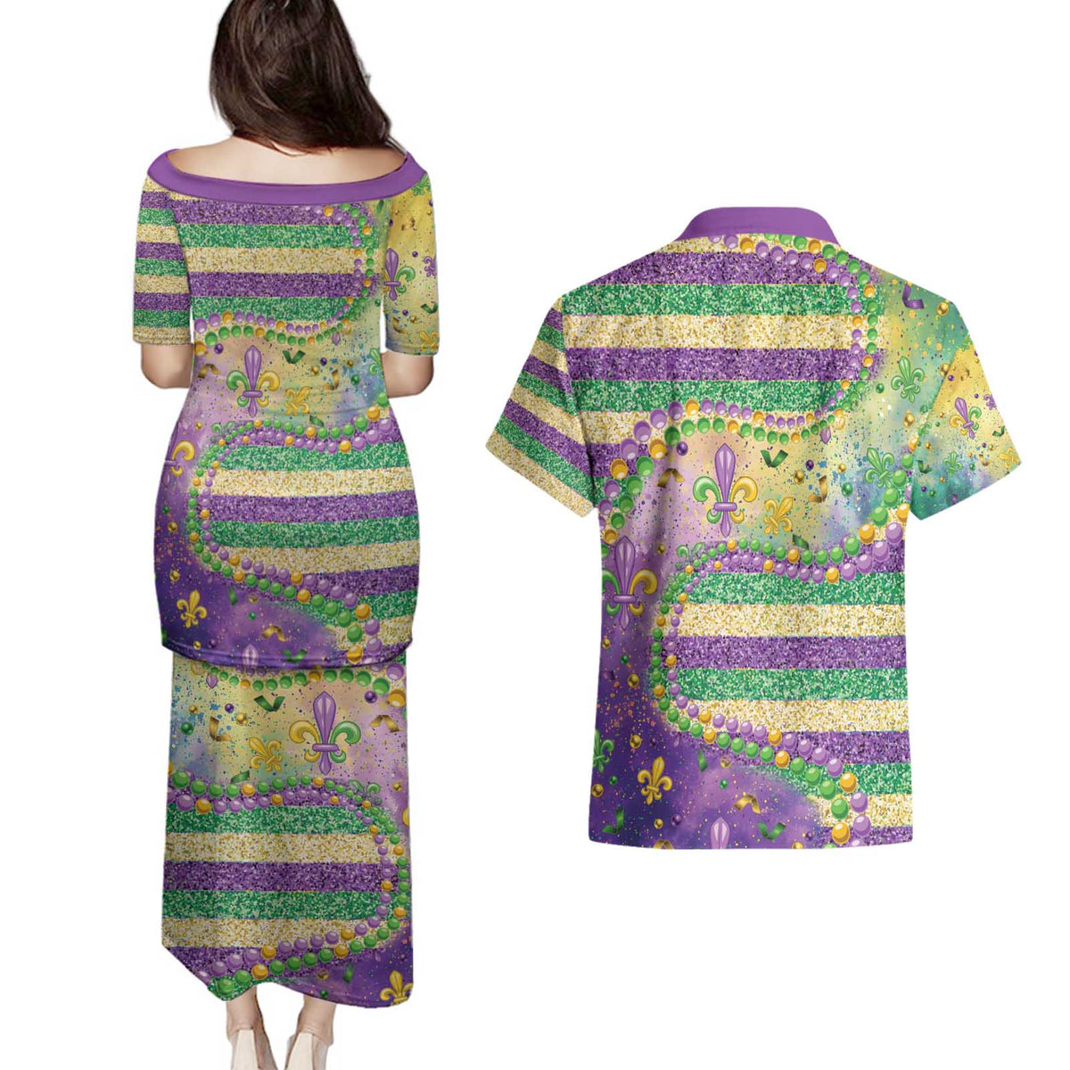 Mardi Gras Fleur De Lis Couples Matching Puletasi and Hawaiian Shirt With Beads Glitter Pattern