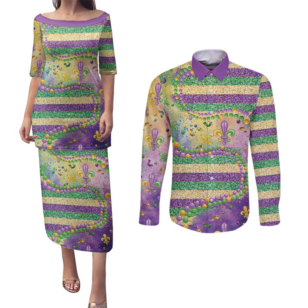 Mardi Gras Fleur De Lis Couples Matching Puletasi and Long Sleeve Button Shirt With Beads Glitter Pattern