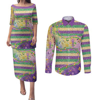 Mardi Gras Fleur De Lis Couples Matching Puletasi and Long Sleeve Button Shirt With Beads Glitter Pattern