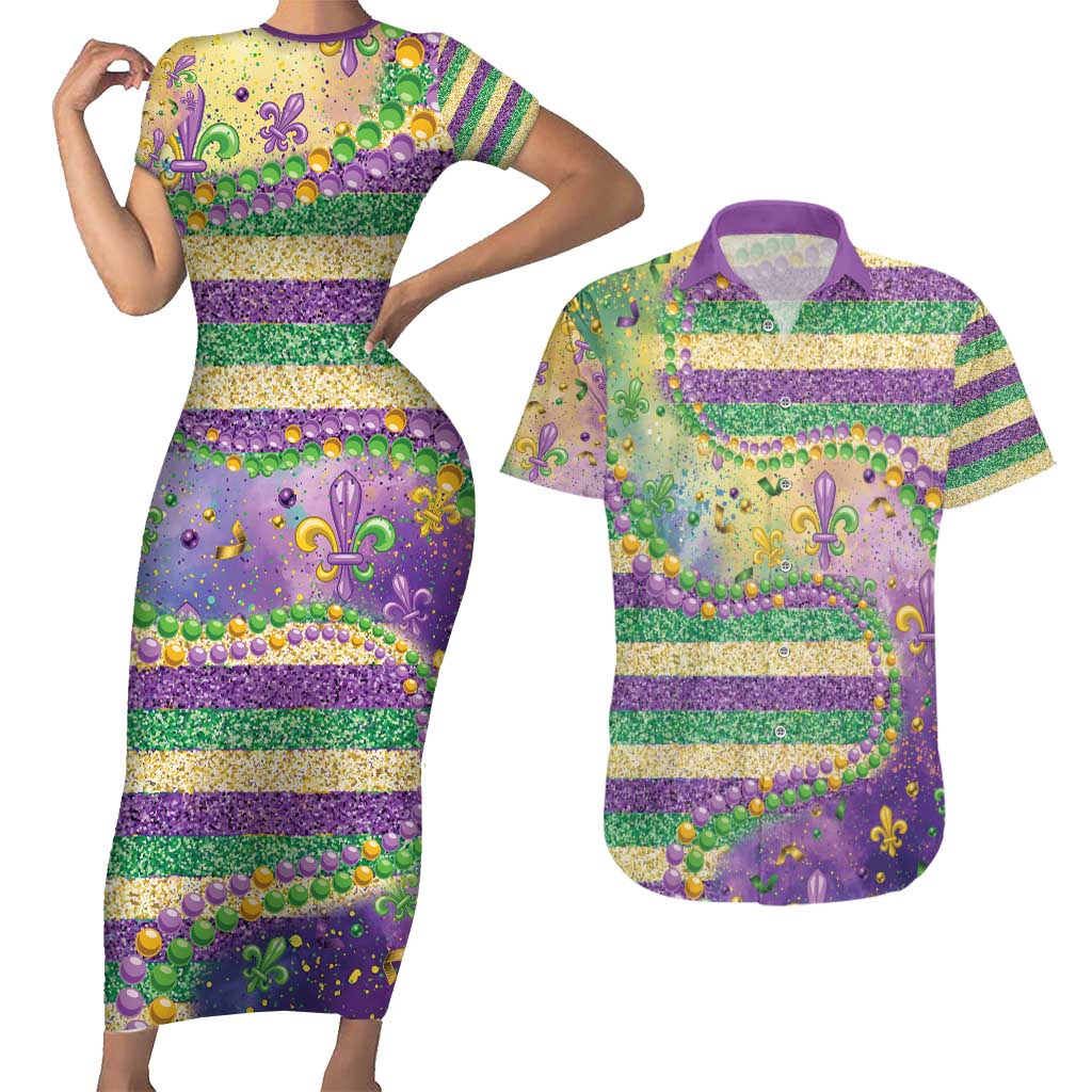 Mardi Gras Fleur De Lis Couples Matching Short Sleeve Bodycon Dress and Hawaiian Shirt With Beads Glitter Pattern