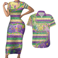 Mardi Gras Fleur De Lis Couples Matching Short Sleeve Bodycon Dress and Hawaiian Shirt With Beads Glitter Pattern