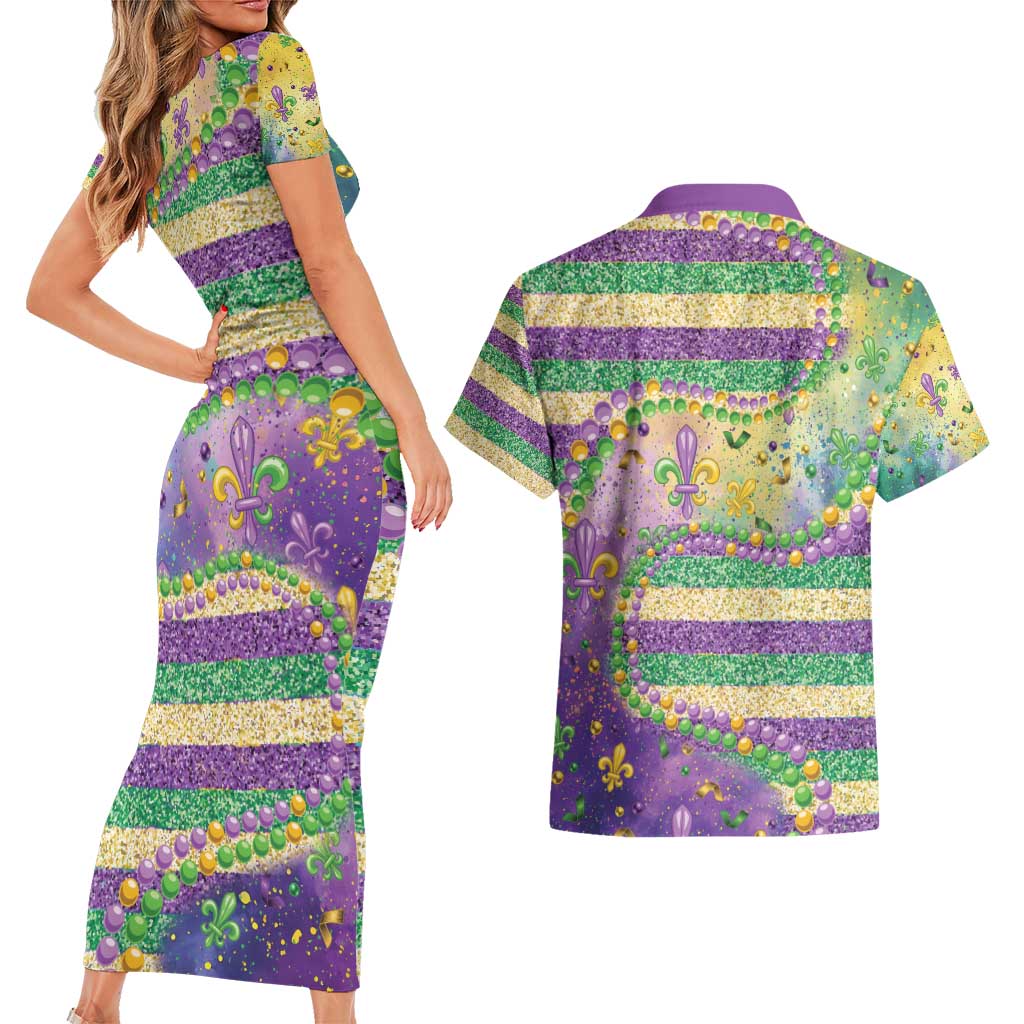 Mardi Gras Fleur De Lis Couples Matching Short Sleeve Bodycon Dress and Hawaiian Shirt With Beads Glitter Pattern