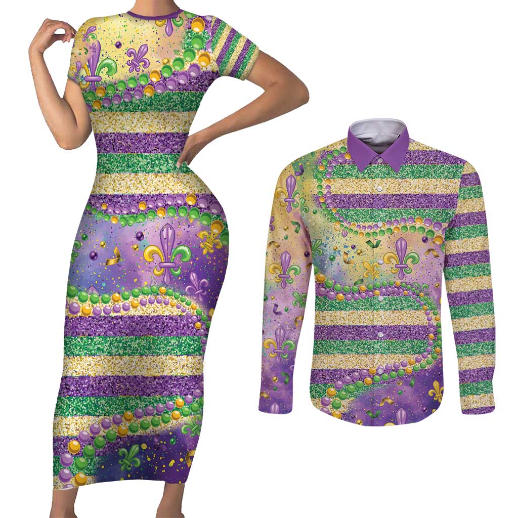 Mardi Gras Fleur De Lis Couples Matching Short Sleeve Bodycon Dress and Long Sleeve Button Shirt With Beads Glitter Pattern