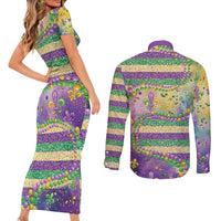 Mardi Gras Fleur De Lis Couples Matching Short Sleeve Bodycon Dress and Long Sleeve Button Shirt With Beads Glitter Pattern