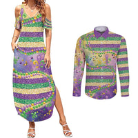 Mardi Gras Fleur De Lis Couples Matching Summer Maxi Dress and Long Sleeve Button Shirt With Beads Glitter Pattern