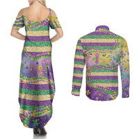 Mardi Gras Fleur De Lis Couples Matching Summer Maxi Dress and Long Sleeve Button Shirt With Beads Glitter Pattern