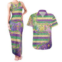 Mardi Gras Fleur De Lis Couples Matching Tank Maxi Dress and Hawaiian Shirt With Beads Glitter Pattern