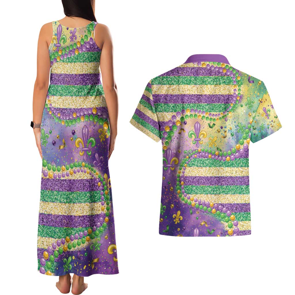 Mardi Gras Fleur De Lis Couples Matching Tank Maxi Dress and Hawaiian Shirt With Beads Glitter Pattern