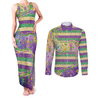 Mardi Gras Fleur De Lis Couples Matching Tank Maxi Dress and Long Sleeve Button Shirt With Beads Glitter Pattern