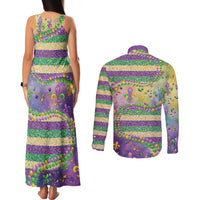 Mardi Gras Fleur De Lis Couples Matching Tank Maxi Dress and Long Sleeve Button Shirt With Beads Glitter Pattern