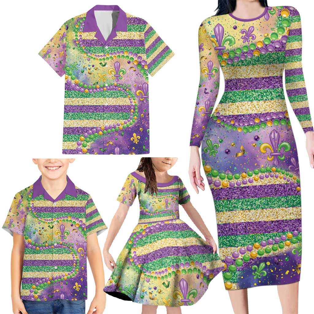 Mardi Gras Fleur De Lis Family Matching Long Sleeve Bodycon Dress and Hawaiian Shirt With Beads Glitter Pattern LT9 - Wonder Print Shop