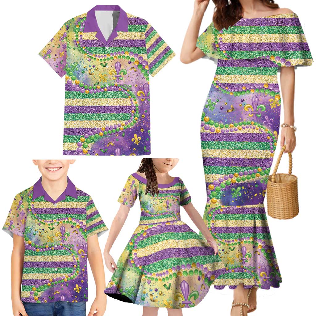 Mardi Gras Fleur De Lis Family Matching Mermaid Dress and Hawaiian Shirt With Beads Glitter Pattern LT9 - Wonder Print Shop