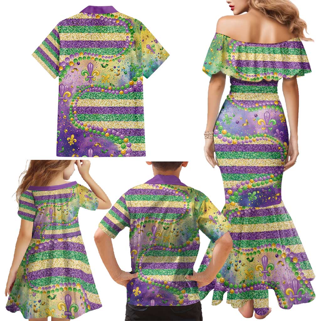 Mardi Gras Fleur De Lis Family Matching Mermaid Dress and Hawaiian Shirt With Beads Glitter Pattern LT9 - Wonder Print Shop