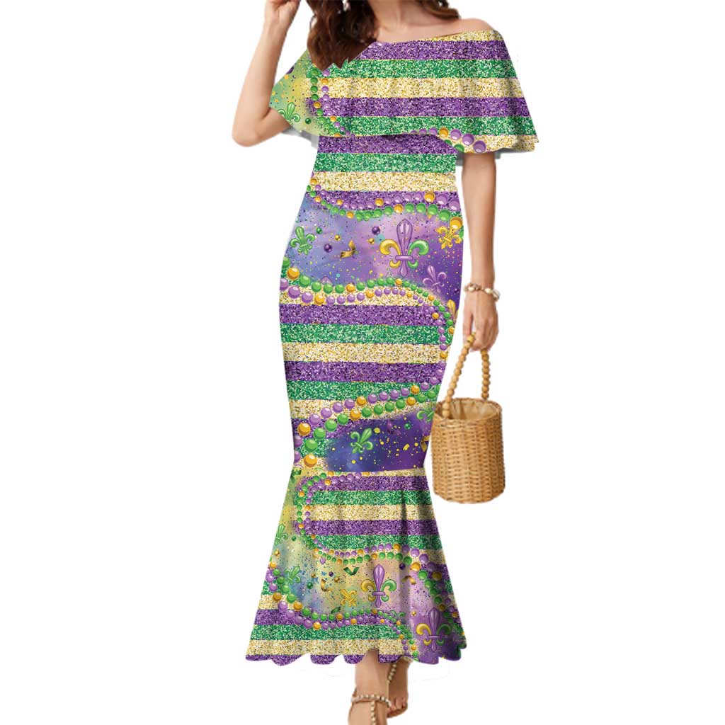 Mardi Gras Fleur De Lis Family Matching Mermaid Dress and Hawaiian Shirt With Beads Glitter Pattern LT9 - Wonder Print Shop