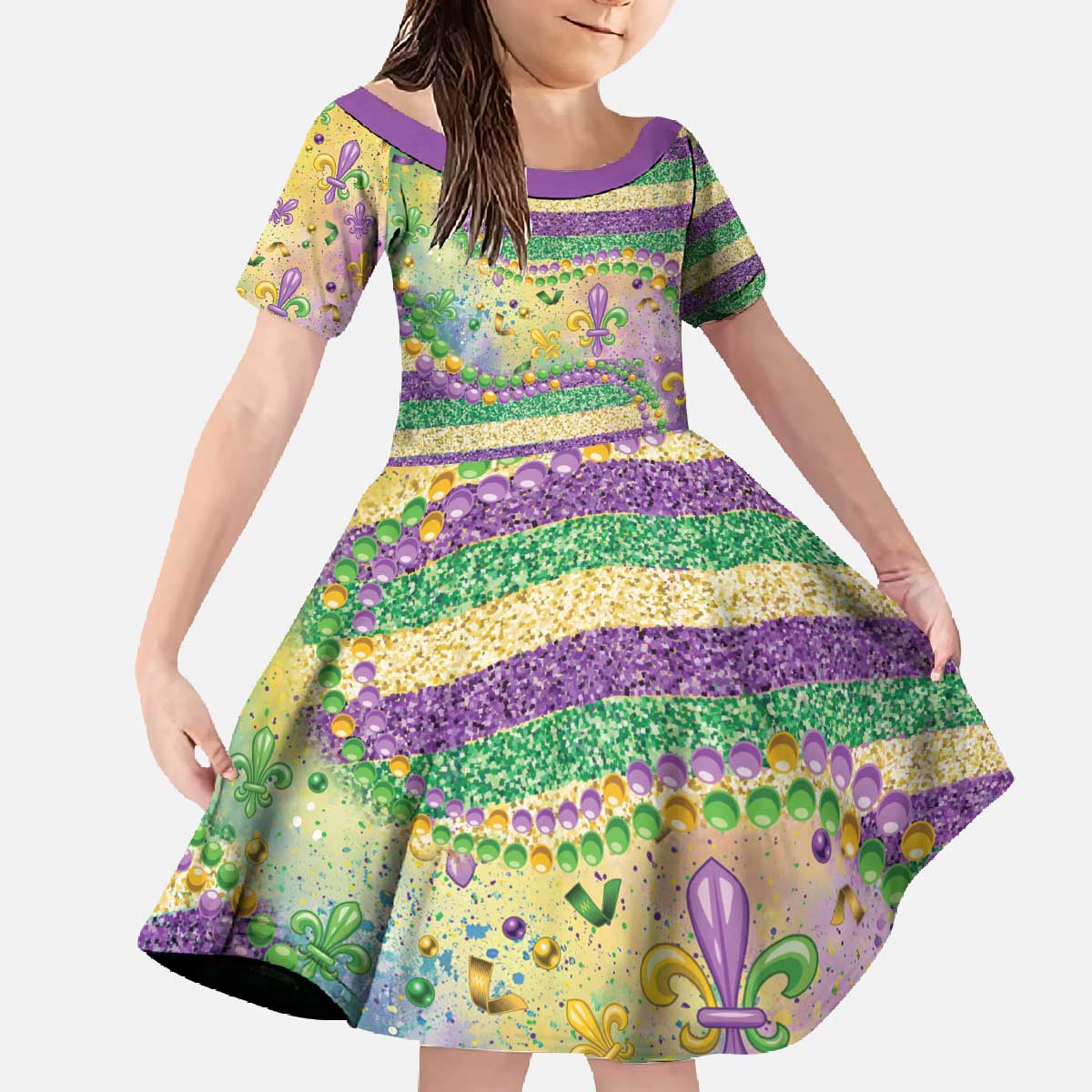 Mardi Gras Fleur De Lis Family Matching Off The Shoulder Long Sleeve Dress and Hawaiian Shirt With Beads Glitter Pattern