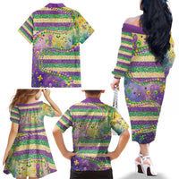 Mardi Gras Fleur De Lis Family Matching Off The Shoulder Long Sleeve Dress and Hawaiian Shirt With Beads Glitter Pattern