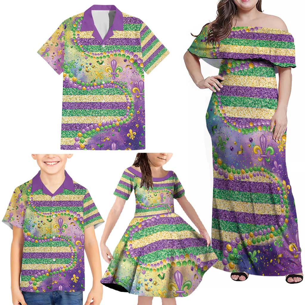Mardi Gras Fleur De Lis Family Matching Off Shoulder Maxi Dress and Hawaiian Shirt With Beads Glitter Pattern LT9 - Wonder Print Shop