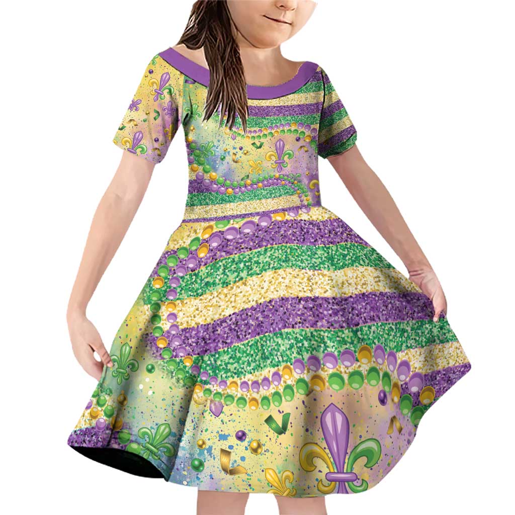 Mardi Gras Fleur De Lis Family Matching Off Shoulder Short Dress and Hawaiian Shirt With Beads Glitter Pattern LT9 - Wonder Print Shop