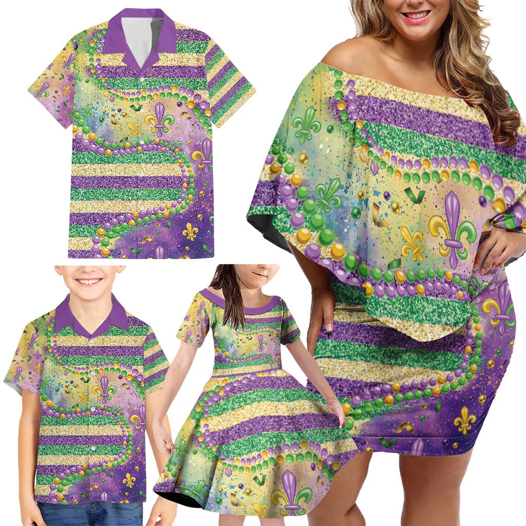 Mardi Gras Fleur De Lis Family Matching Off Shoulder Short Dress and Hawaiian Shirt With Beads Glitter Pattern LT9 - Wonder Print Shop