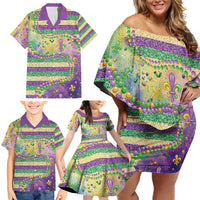 Mardi Gras Fleur De Lis Family Matching Off Shoulder Short Dress and Hawaiian Shirt With Beads Glitter Pattern LT9 - Wonder Print Shop