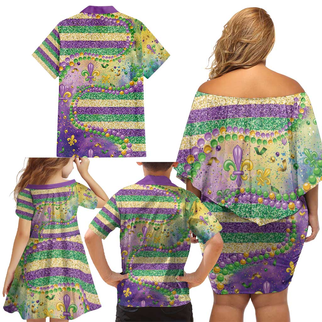 Mardi Gras Fleur De Lis Family Matching Off Shoulder Short Dress and Hawaiian Shirt With Beads Glitter Pattern LT9 - Wonder Print Shop