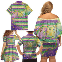Mardi Gras Fleur De Lis Family Matching Off Shoulder Short Dress and Hawaiian Shirt With Beads Glitter Pattern LT9 - Wonder Print Shop
