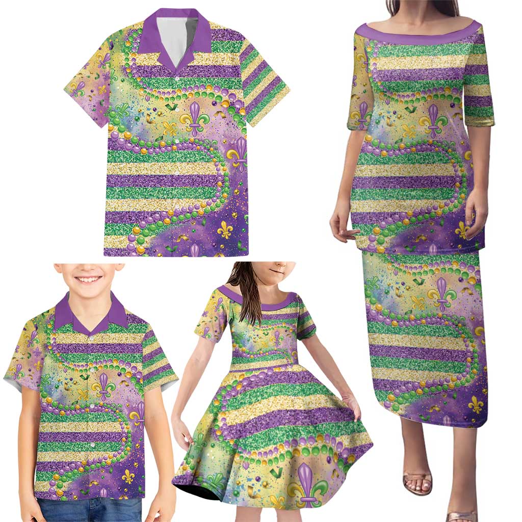 Mardi Gras Fleur De Lis Family Matching Puletasi and Hawaiian Shirt With Beads Glitter Pattern