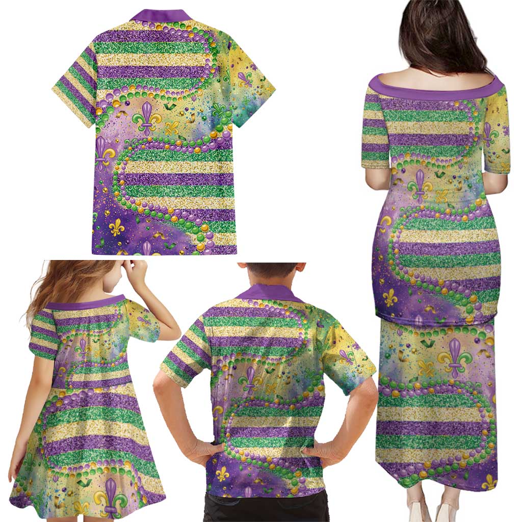 Mardi Gras Fleur De Lis Family Matching Puletasi and Hawaiian Shirt With Beads Glitter Pattern