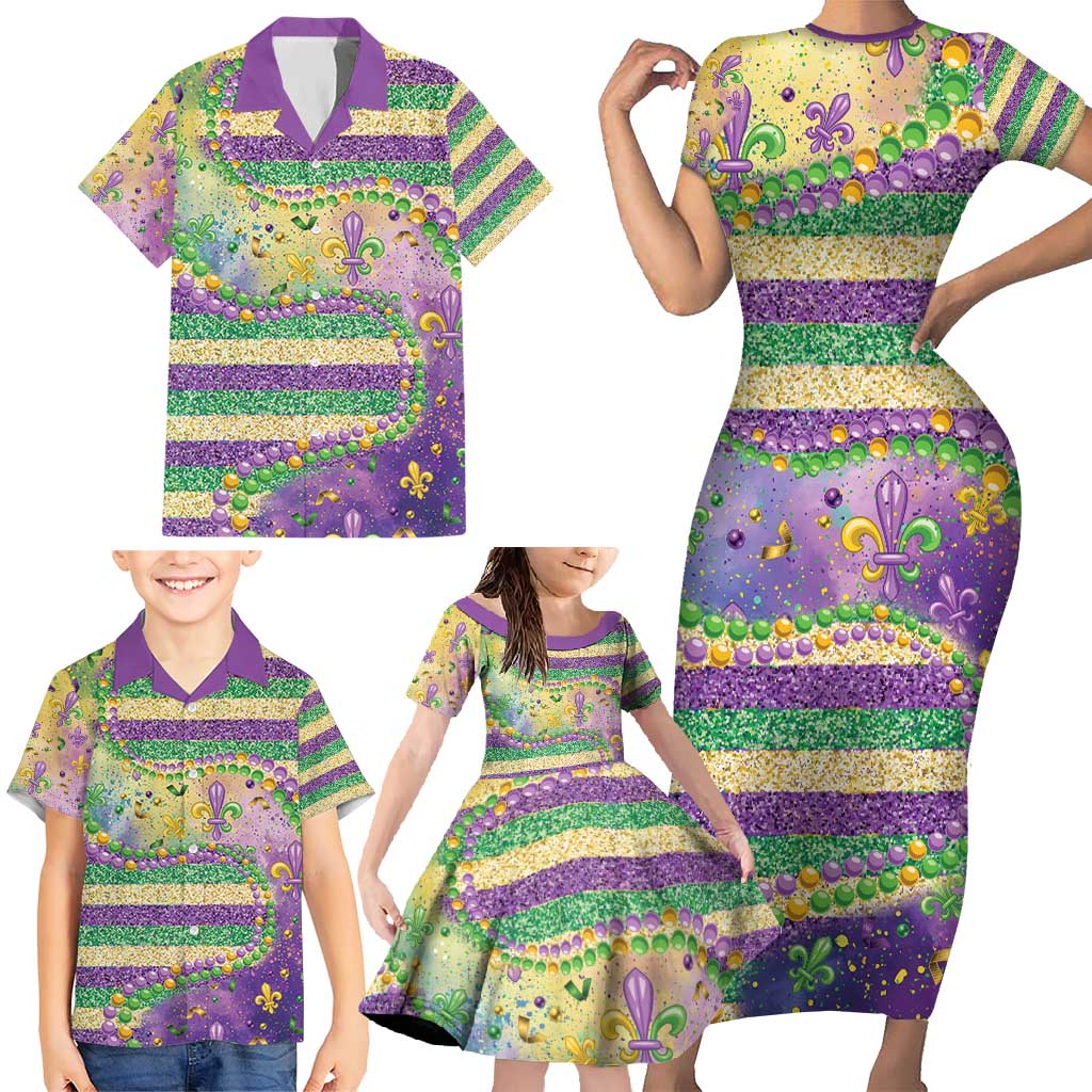 Mardi Gras Fleur De Lis Family Matching Short Sleeve Bodycon Dress and Hawaiian Shirt With Beads Glitter Pattern - Wonder Print Shop