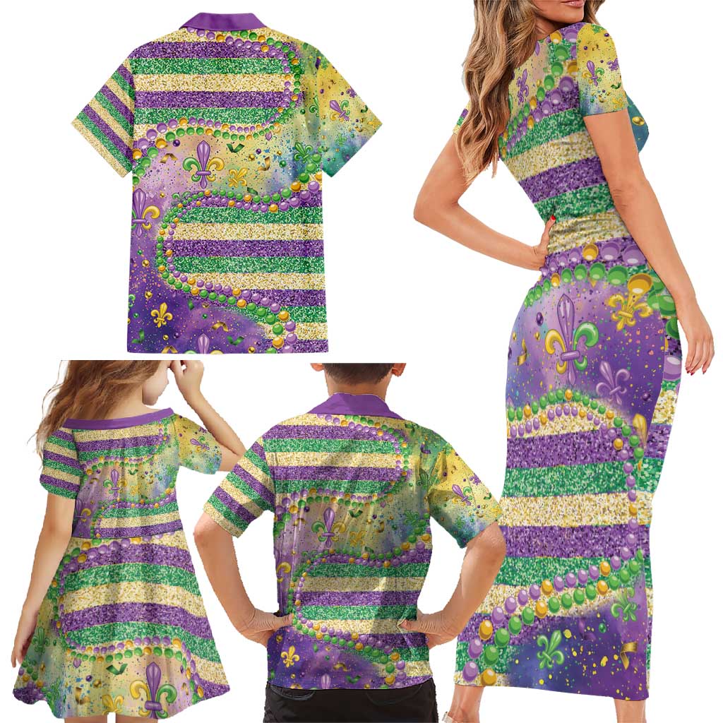Mardi Gras Fleur De Lis Family Matching Short Sleeve Bodycon Dress and Hawaiian Shirt With Beads Glitter Pattern - Wonder Print Shop