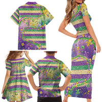 Mardi Gras Fleur De Lis Family Matching Short Sleeve Bodycon Dress and Hawaiian Shirt With Beads Glitter Pattern - Wonder Print Shop