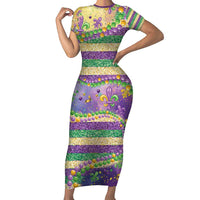 Mardi Gras Fleur De Lis Family Matching Short Sleeve Bodycon Dress and Hawaiian Shirt With Beads Glitter Pattern - Wonder Print Shop