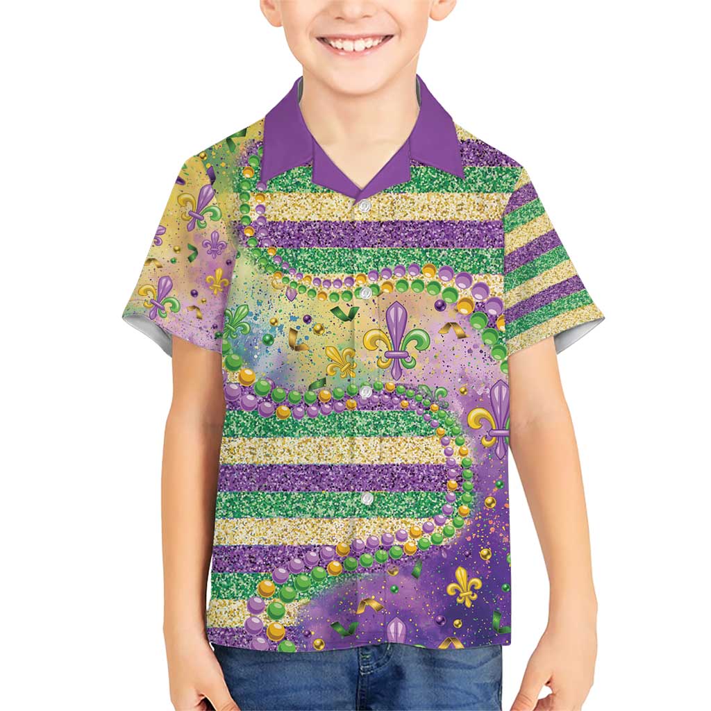 Mardi Gras Fleur De Lis Family Matching Short Sleeve Bodycon Dress and Hawaiian Shirt With Beads Glitter Pattern - Wonder Print Shop