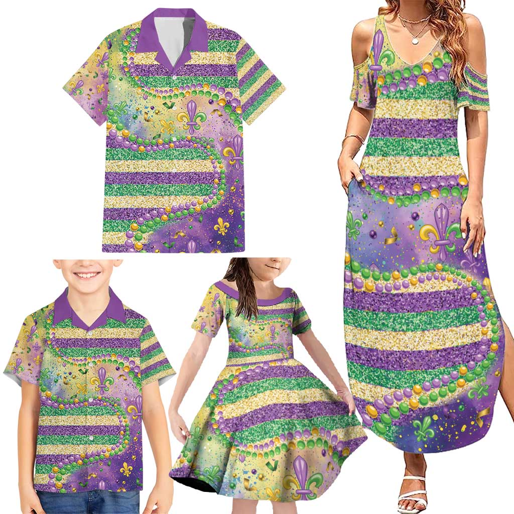 Mardi Gras Fleur De Lis Family Matching Summer Maxi Dress and Hawaiian Shirt With Beads Glitter Pattern - Wonder Print Shop