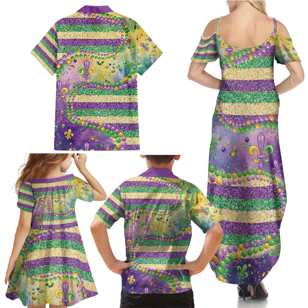 Mardi Gras Fleur De Lis Family Matching Summer Maxi Dress and Hawaiian Shirt With Beads Glitter Pattern - Wonder Print Shop