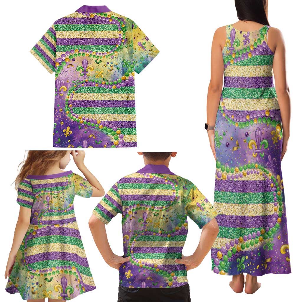 Mardi Gras Fleur De Lis Family Matching Tank Maxi Dress and Hawaiian Shirt With Beads Glitter Pattern - Wonder Print Shop