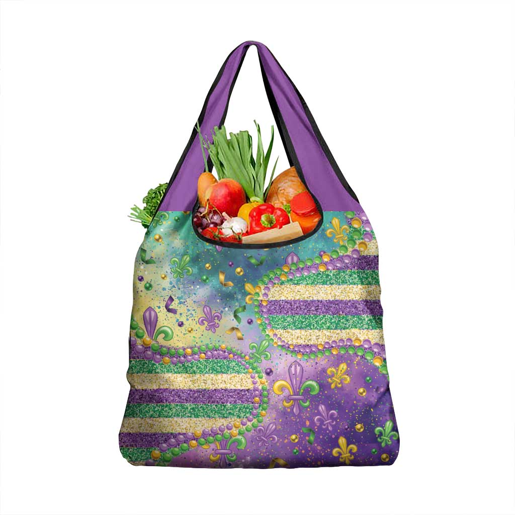 Mardi Gras Fleur De Lis Grocery Bag With Beads Glitter Pattern