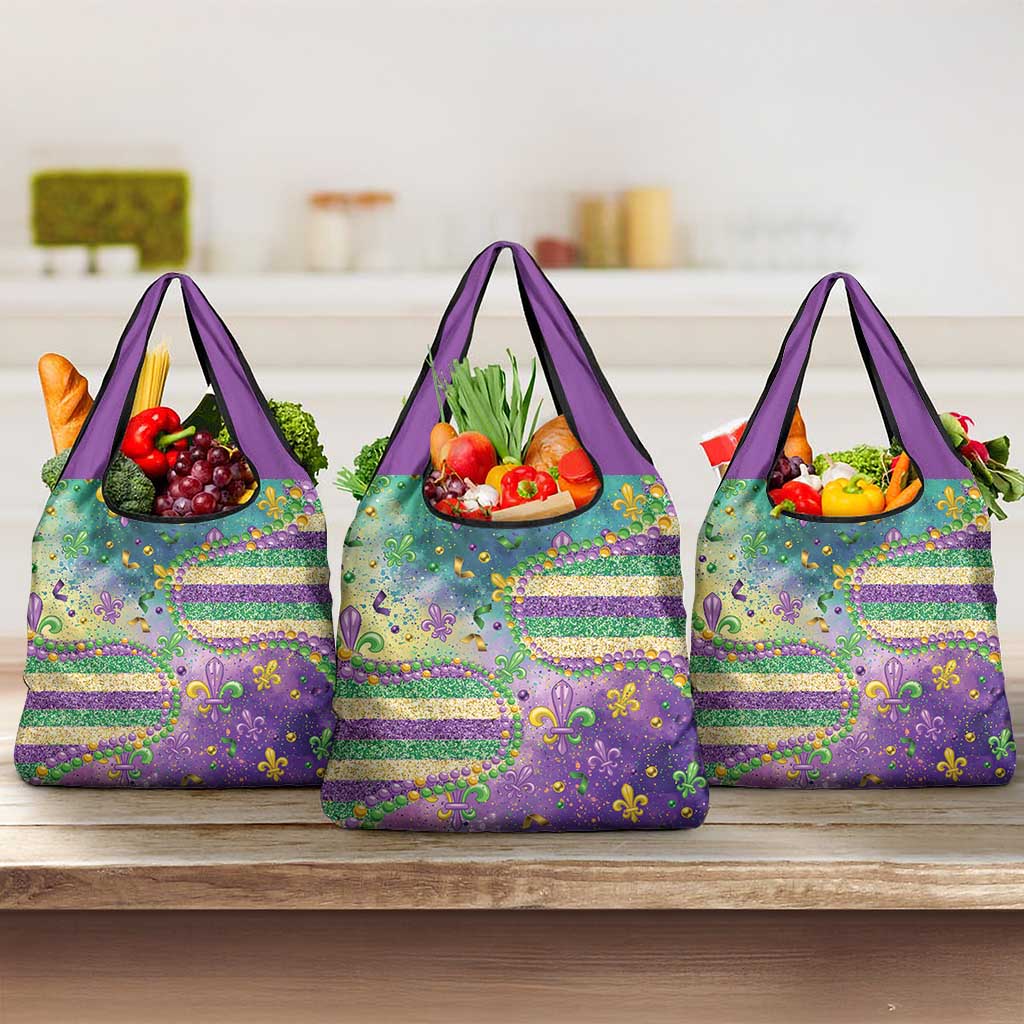 Mardi Gras Fleur De Lis Grocery Bag With Beads Glitter Pattern