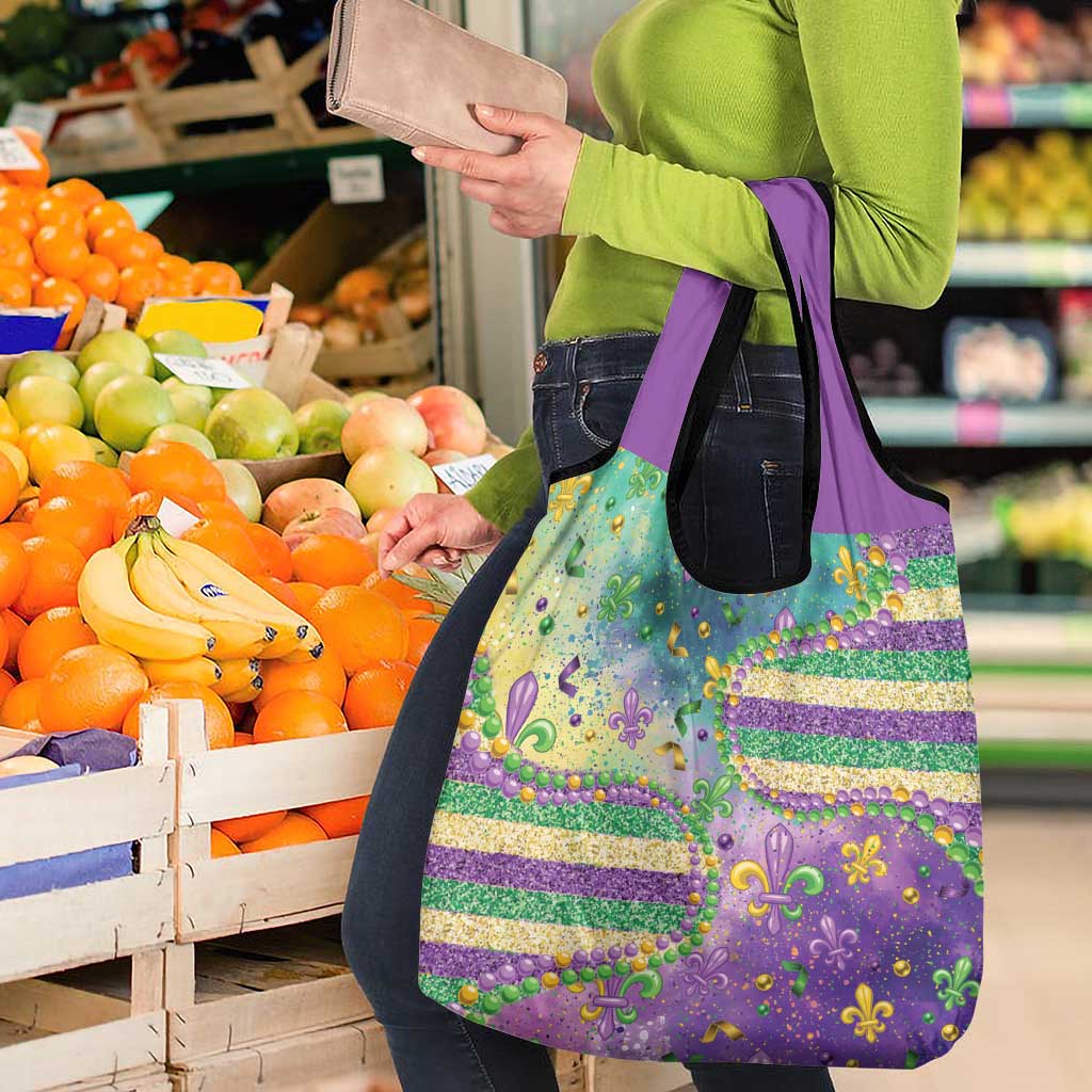 Mardi Gras Fleur De Lis Grocery Bag With Beads Glitter Pattern