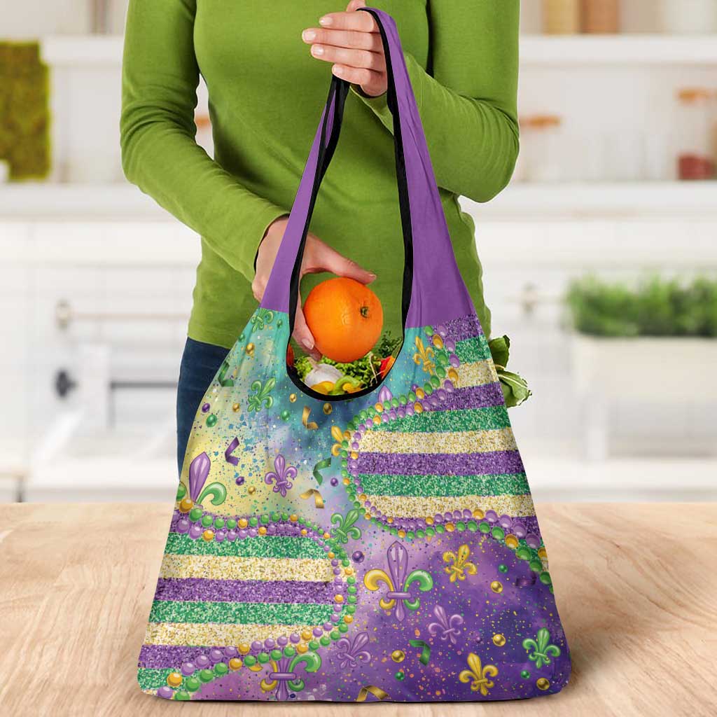 Mardi Gras Fleur De Lis Grocery Bag With Beads Glitter Pattern