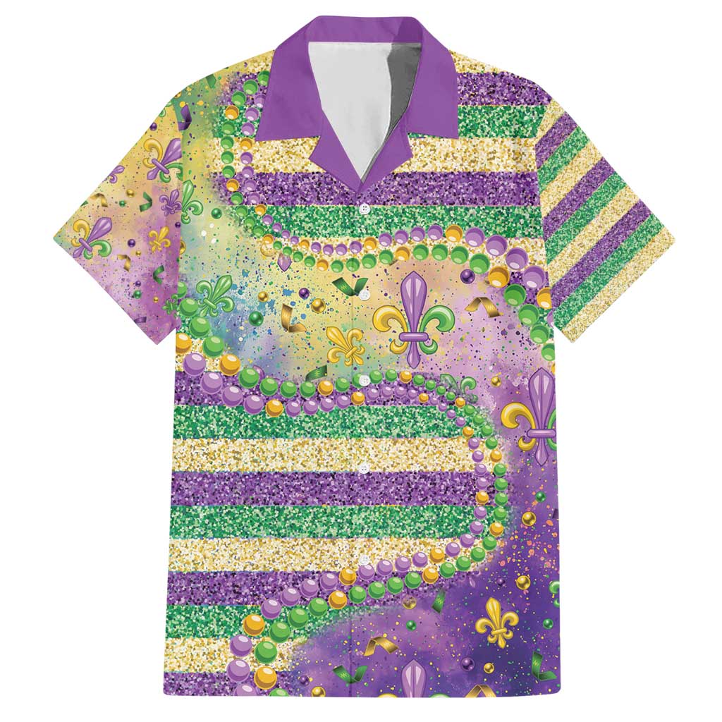 Mardi Gras Fleur De Lis Hawaiian Shirt With Beads Glitter Pattern - Wonder Print Shop
