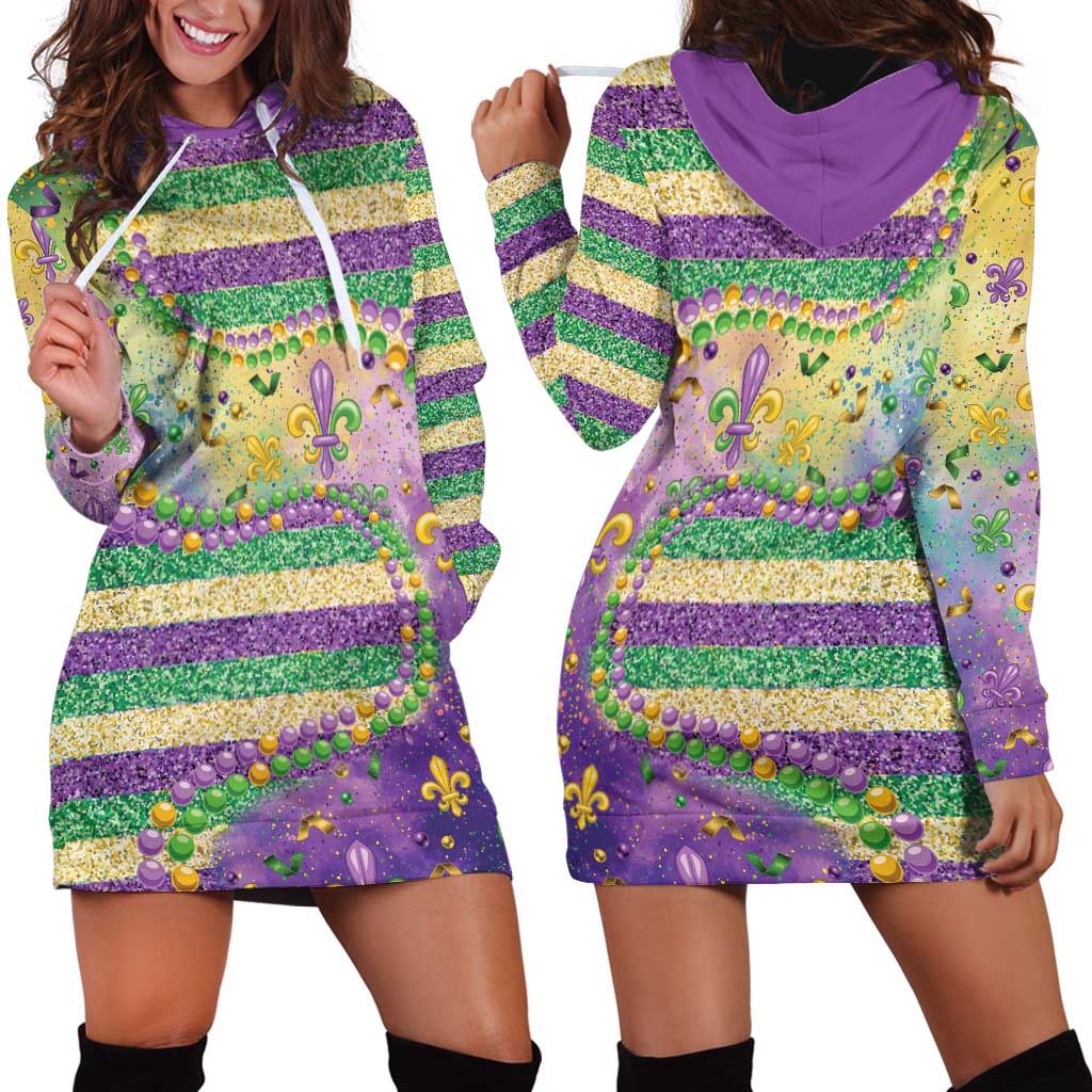 Mardi Gras Fleur De Lis Hoodie Dress With Beads Glitter Pattern - Wonder Print Shop