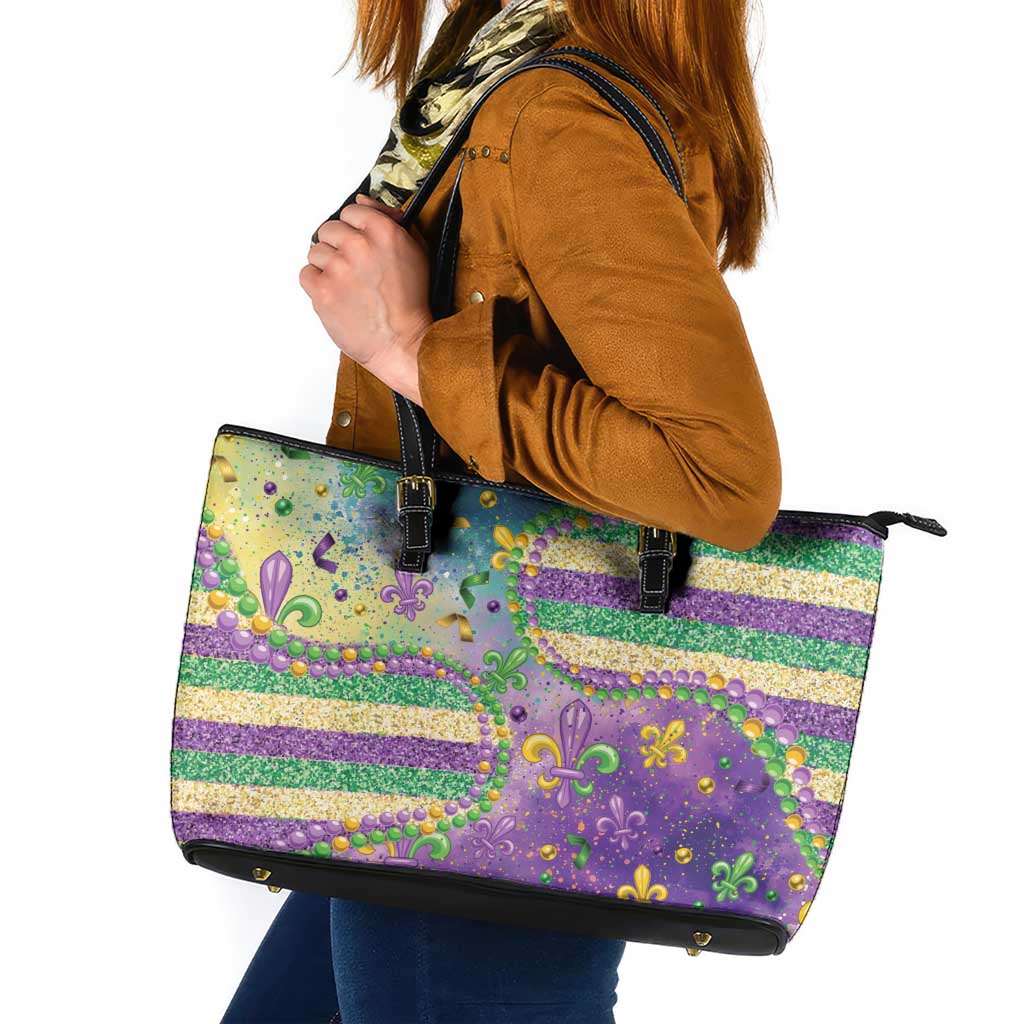 Mardi Gras Fleur De Lis Leather Tote Bag With Beads Glitter Pattern