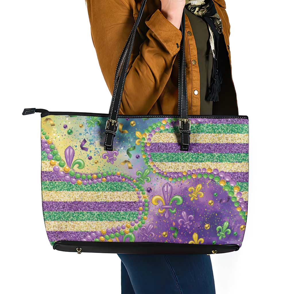 Mardi Gras Fleur De Lis Leather Tote Bag With Beads Glitter Pattern