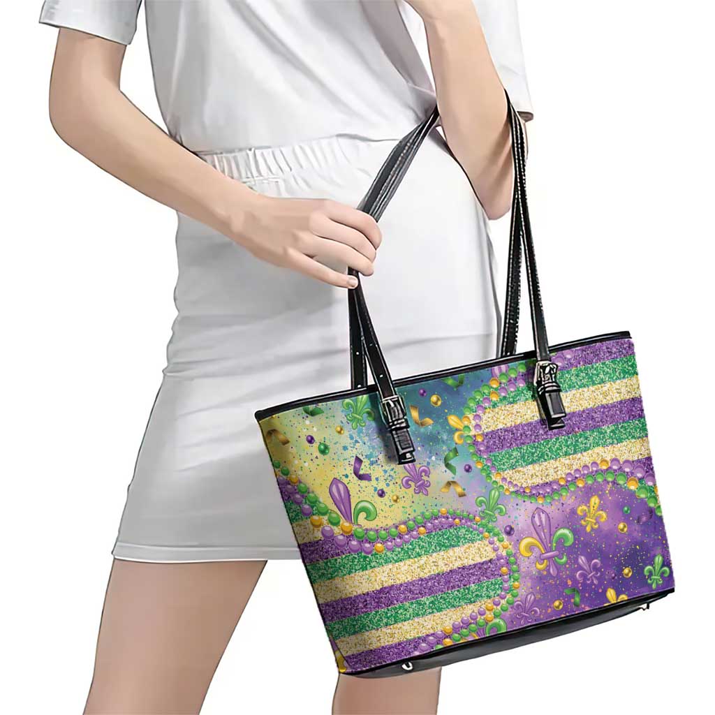 Mardi Gras Fleur De Lis Leather Tote Bag With Beads Glitter Pattern