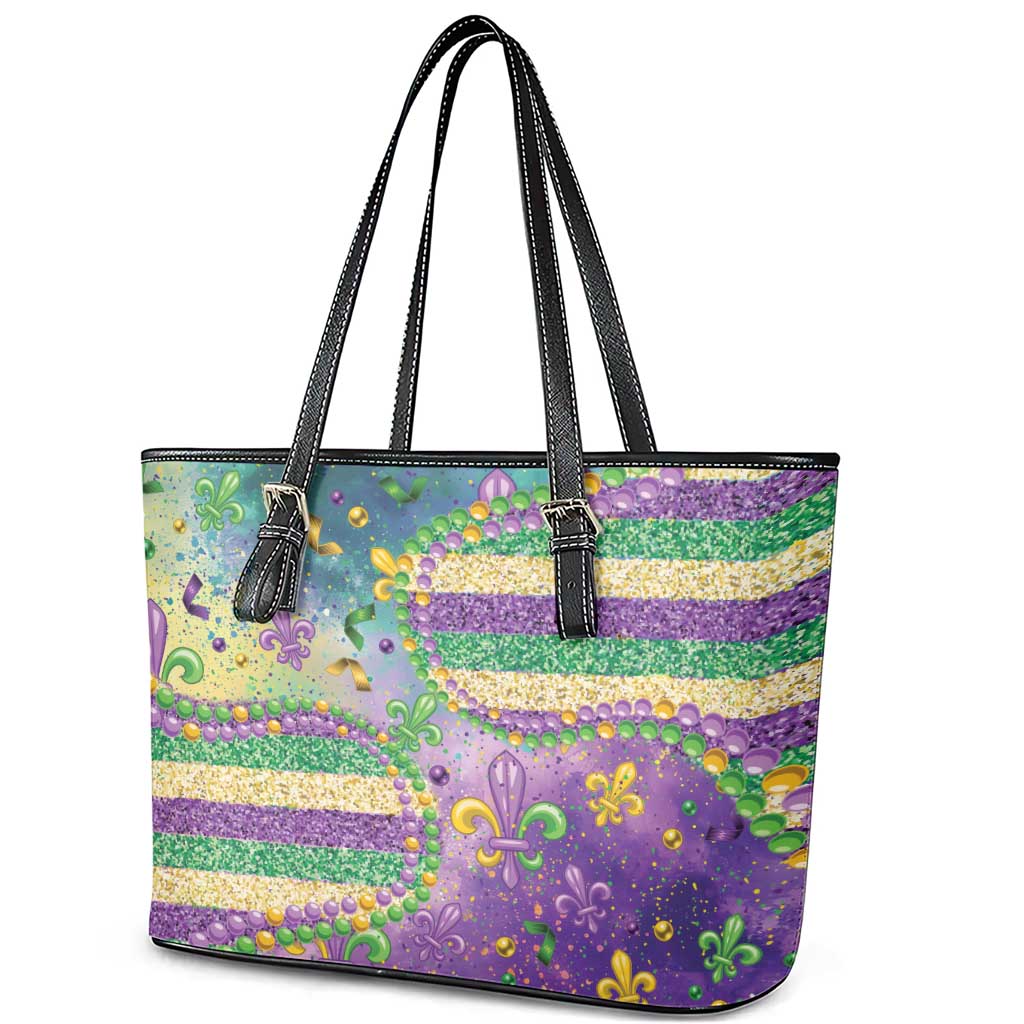 Mardi Gras Fleur De Lis Leather Tote Bag With Beads Glitter Pattern