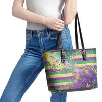 Mardi Gras Fleur De Lis Leather Tote Bag With Beads Glitter Pattern