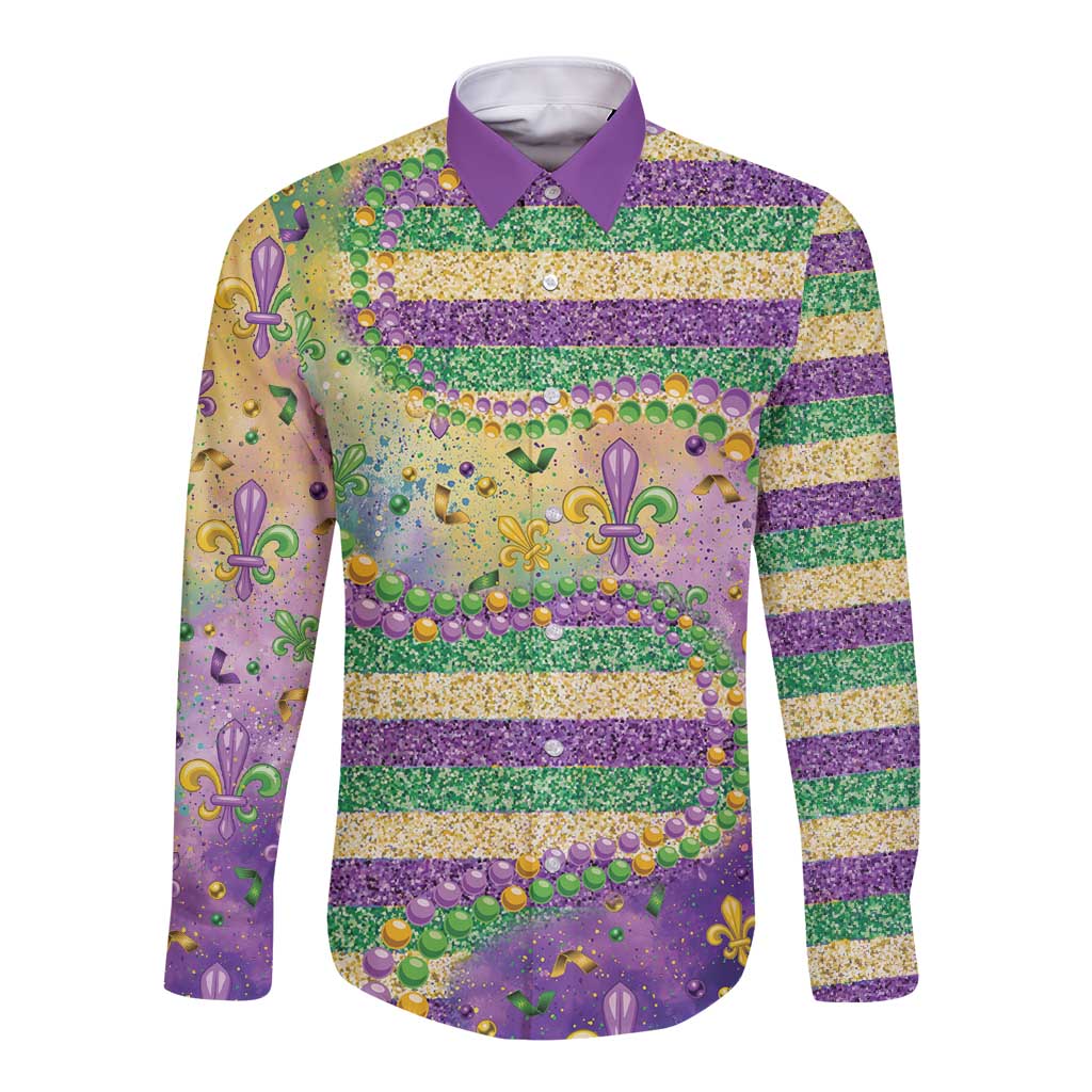 Mardi Gras Fleur De Lis Long Sleeve Button Shirt With Beads Glitter Pattern