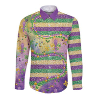 Mardi Gras Fleur De Lis Long Sleeve Button Shirt With Beads Glitter Pattern